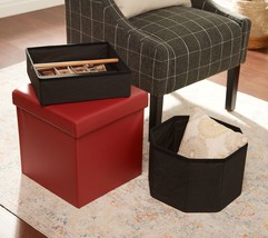 Fresh Home Elements 15&quot; Faux Leather Storage Ottoman w/ Divider Tray in Burgundy - £34.88 GBP