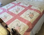 Vintage Pink W/embroidered Heart Flower Pattern Quilt 64”x84” Cutter For... - $61.38