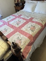 Vintage Pink W/embroidered Heart Flower Pattern Quilt 64”x84” Cutter For Crafts - £49.06 GBP
