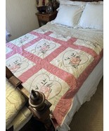 Vintage Pink W/embroidered Heart Flower Pattern Quilt 64”x84” Cutter For... - £48.22 GBP