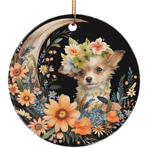 Funny Chihuahua Puppy Dog Moon &amp; Flower Christmas Ornament Ceramic Gift Decor - £11.88 GBP
