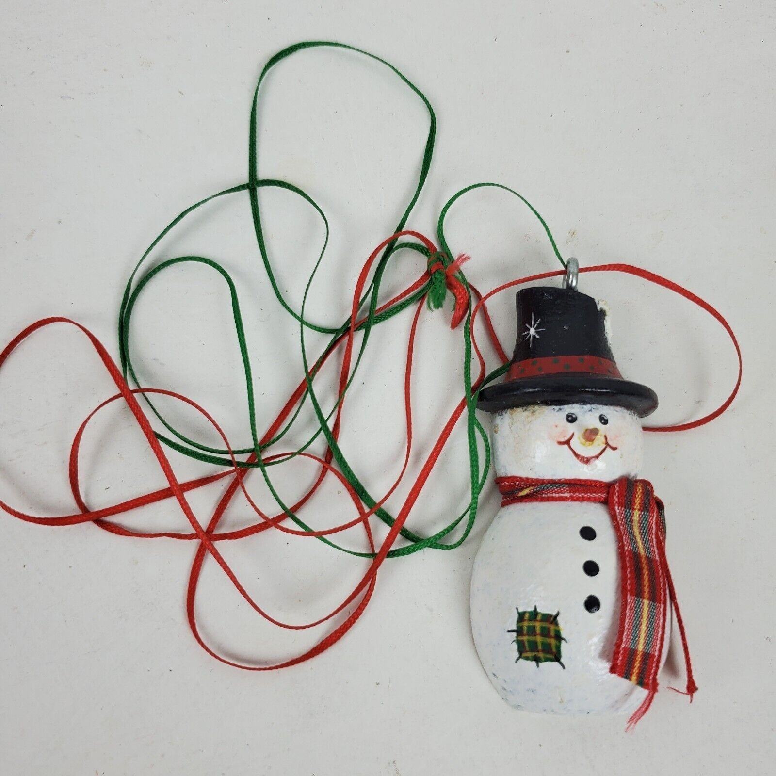 Vintage Hand Painted Wood Snowman Pendant On String Necklace 30 Inch Pul... - $7.37