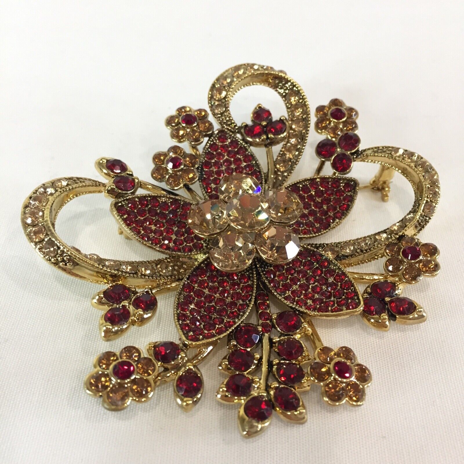 New Avon 35 Yrs 2006 Red Rhinestone Large Statement Flower Brooch Pin Gold Tone - $24.73