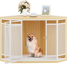 Corner Dog Crate Furniture With Cushion, 43.7 Dog Kennel Furniture With Metal  - £63.24 GBP