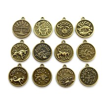 SET OF 12 WESTERN ZODIAC CHARMS 0.7&quot; 18mm Round Pendant Amulet Brass Hor... - £6.25 GBP