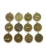 SET OF 12 WESTERN ZODIAC CHARMS 0.7&quot; 18mm Round Pendant Amulet Brass Hor... - £6.39 GBP