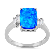 Blue Size 7 Opal Baguette Cut Ring Solid 925 Sterling Silver - £18.64 GBP