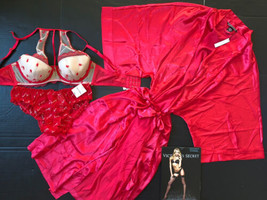 Victoria&#39;s Secret 34D, 34DD Bh Set + Höschen Happy + Kimono Robe Herz Rot - £99.70 GBP