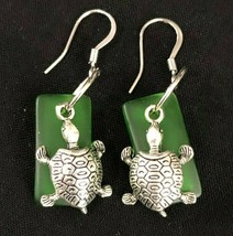 Green Sea Glass Sea Turtle Earrings Silver Surgical Steel Ear Wire Dangle  - £20.09 GBP