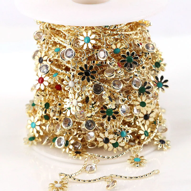 5 Meters, Wholesale Brass Daisy Charm Chain Gold Plated Cz Enamel Flower... - £54.38 GBP