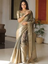 Grey Tissue Silk Saree  || Zari Weaving Broad Border Work || Rich Pallu Wedding  - £52.99 GBP