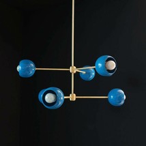 Mid Century Modern Brass 6 Light Blue Ball Sputnik Chandelier - £257.01 GBP