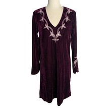 RusttyDustty Velvet Shift Dress M Purple V Neck Embroidered Long Sleeves - £21.76 GBP