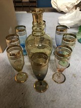 Vintage Amber Glass Decanter Stopper &amp; 8 Cordial Sherry Stem Glasses Gol... - $49.49