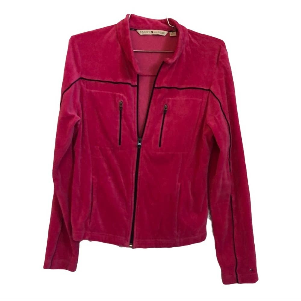 Tommy Hilfiger hot pink navy velour zip up jacket women’s size medium M - $15.15