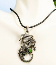 Ebros Curling Winged Dragon With Green Gemstone Jewelry Alloy Pendant Necklace - £11.98 GBP