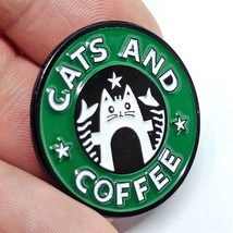 Cats and Coffee Enamel Pin Lapel Brooch Humorous Fun Black White Green Cat Badge - £4.73 GBP