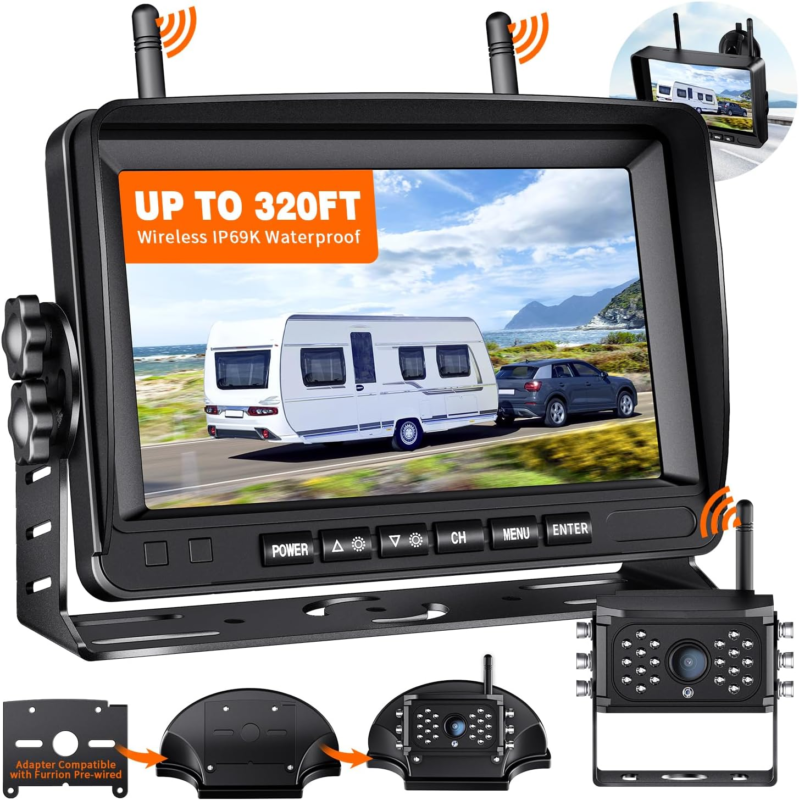 RV Backup Camera Wireless HD 1080P 7'' Split Screen Monitor with Camera  Adapte