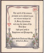 Pittsfield National Bank Christmas Card 1916-1917 - Pittsfield, Maine - £9.97 GBP