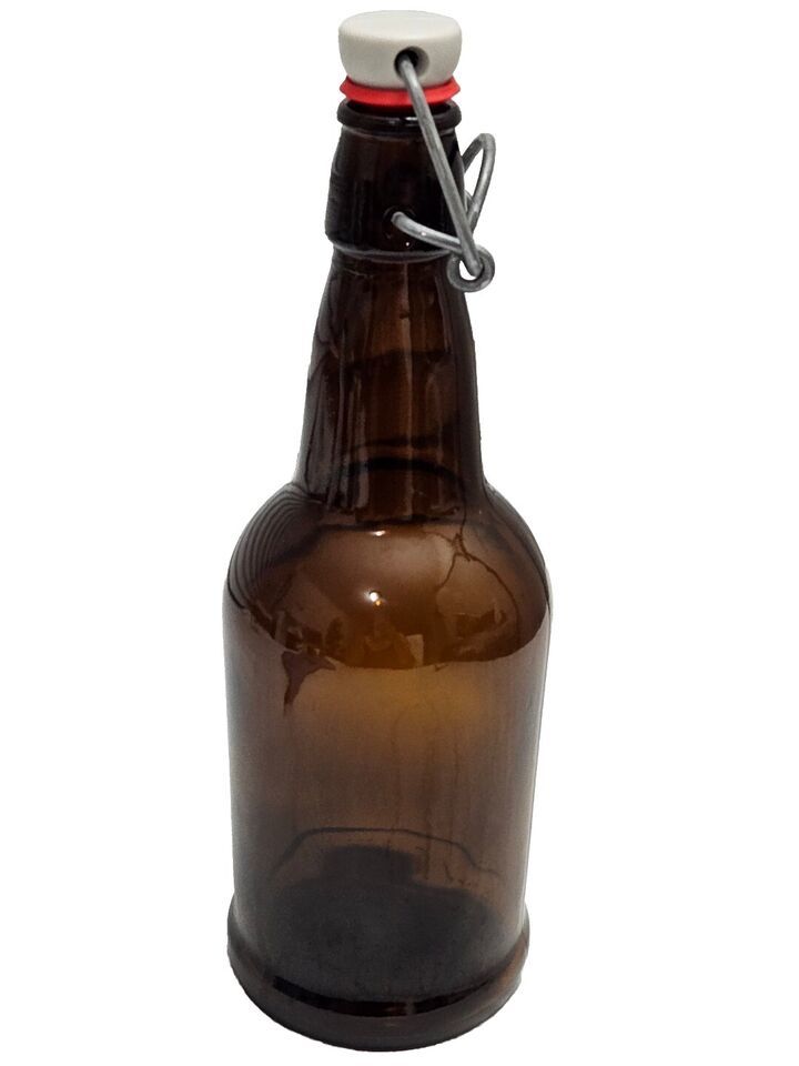 Vintage CZ Cap Bottle Amber Beer Glass Swing Top Wire Bale Rubber Stopper. - $14.03