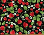 Cotton Strawberry Vines Strawberries Blossoms Black Fabric Print by Yard... - £11.11 GBP