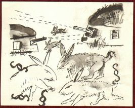 1980s Original India Ink Caricature Rabbits Shooting Battle Field Paragraphs - £18.17 GBP