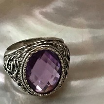 Estate Large Oval Faceted Purple Rhinestone in Ornate Silvertone Tapered Band  - £8.30 GBP