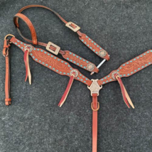 Western Horse Brown Tooled Leather Tack Set Bridle Breast Collar + Withe... - £69.58 GBP