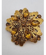 Vtg Antiqued Goldtone Filigree Brooch With Amber Stones - $380.59 MXN
