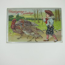Thanksgiving Postcard Wild Turkeys Boy Sailor Suit Embossed Antique 1909 - £7.95 GBP