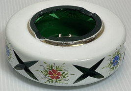 Vintage Bohemian Cased White Cut To Green Hand Painted Glass Ashtray 5” By 1.25” - £14.69 GBP