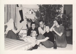 Vintage Black and White Photo, Family around Living Room Christmas Tree 1950s - £3.78 GBP