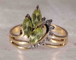 2ct Simulated Marquise Peridot &amp;Round Diamond Ring 10K Yellow Gold Plated Silver - £63.30 GBP