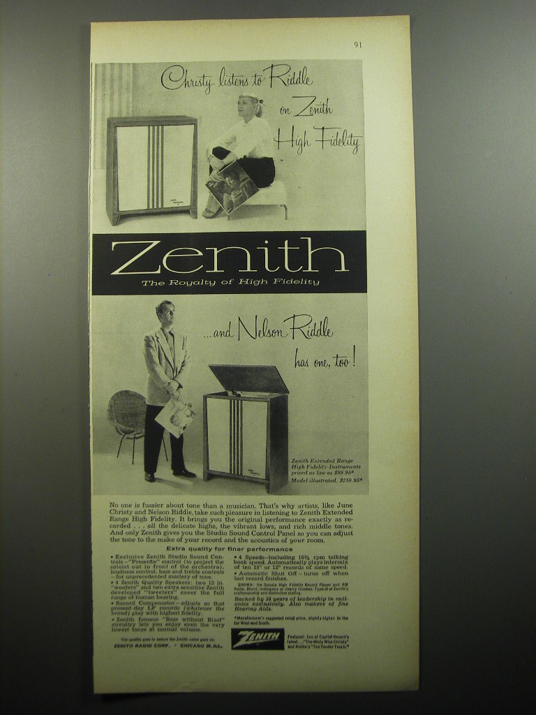 1957 Zenith Phonographs Advertisement - June Christy and Nelson Riddle - £14.72 GBP