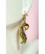 Ebros Peacock Train Golden Jewelry Alloy Dangle Earrings Pair With Crystals - $18.50 CAD