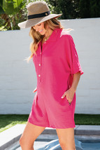 Bright Pink Half Button Collared Loose Romper - $357.77 MXN