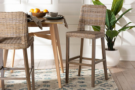 Mallory Gray Kubu Rattan and Mahogany Wood Bar Stool - $4,745.22 MXN