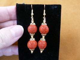 EE400-60 Red CINNABAR bead flower wooden 12mm beaded dangle hook earrings gold - £11.22 GBP