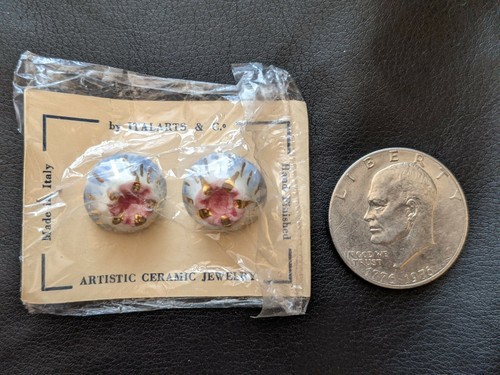 Mediados de Siglo Retro Italart Turquesa Rosa Cerámica Clip Redondo Aretes - $24.15