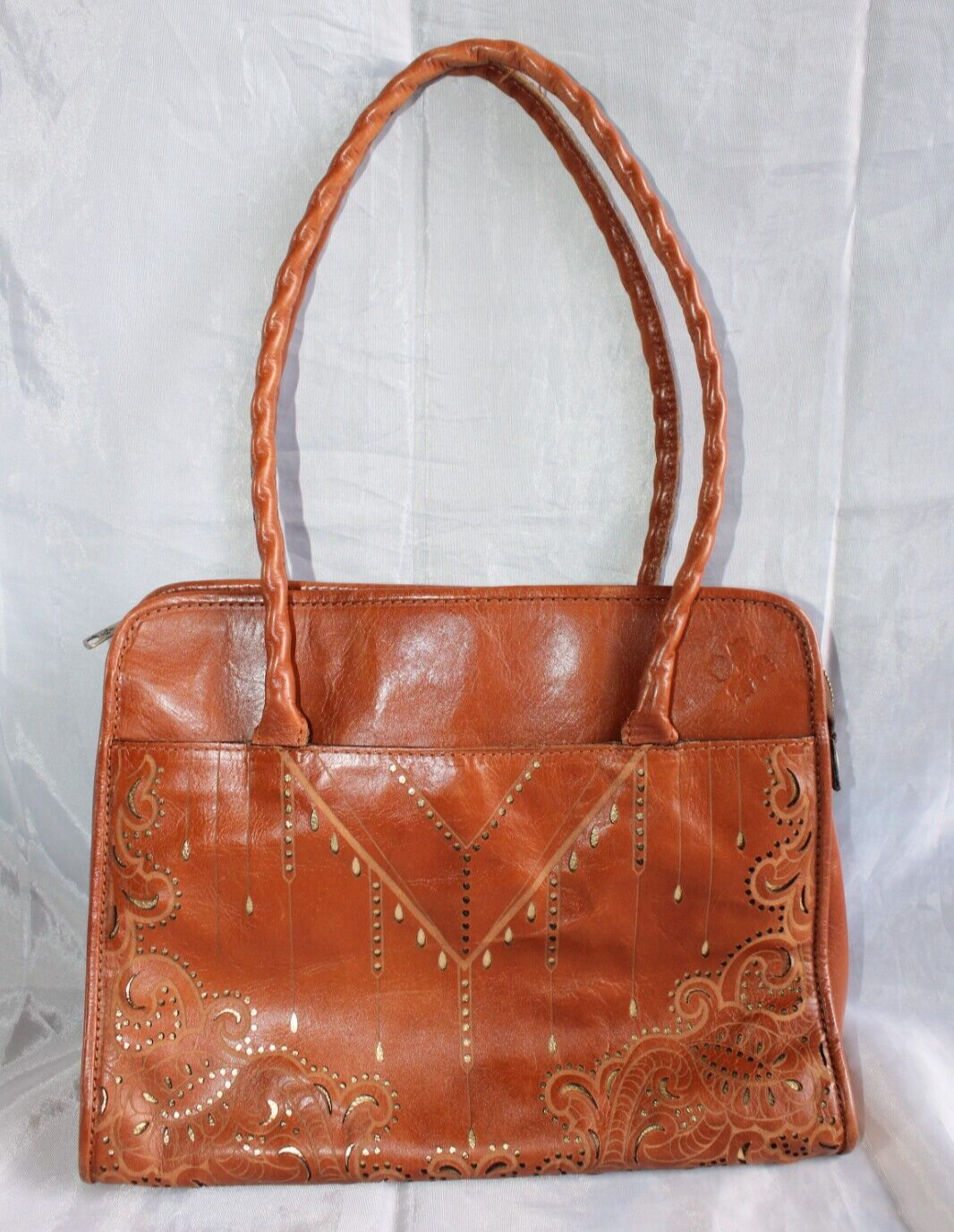 Patricia Nash Caramel Leather Shoulder Bag with Gold Foil Underlay - $84.14