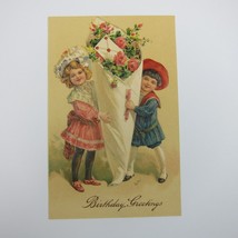 Postcard Birthday Greeting Antique Girl Pink Dress Boy Sailor Roses Embossed - £7.47 GBP