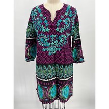 J. Peterman Embroidered Tunic Top Sz S Purple Blue 3/4 Sleeve Cotton - $29.40