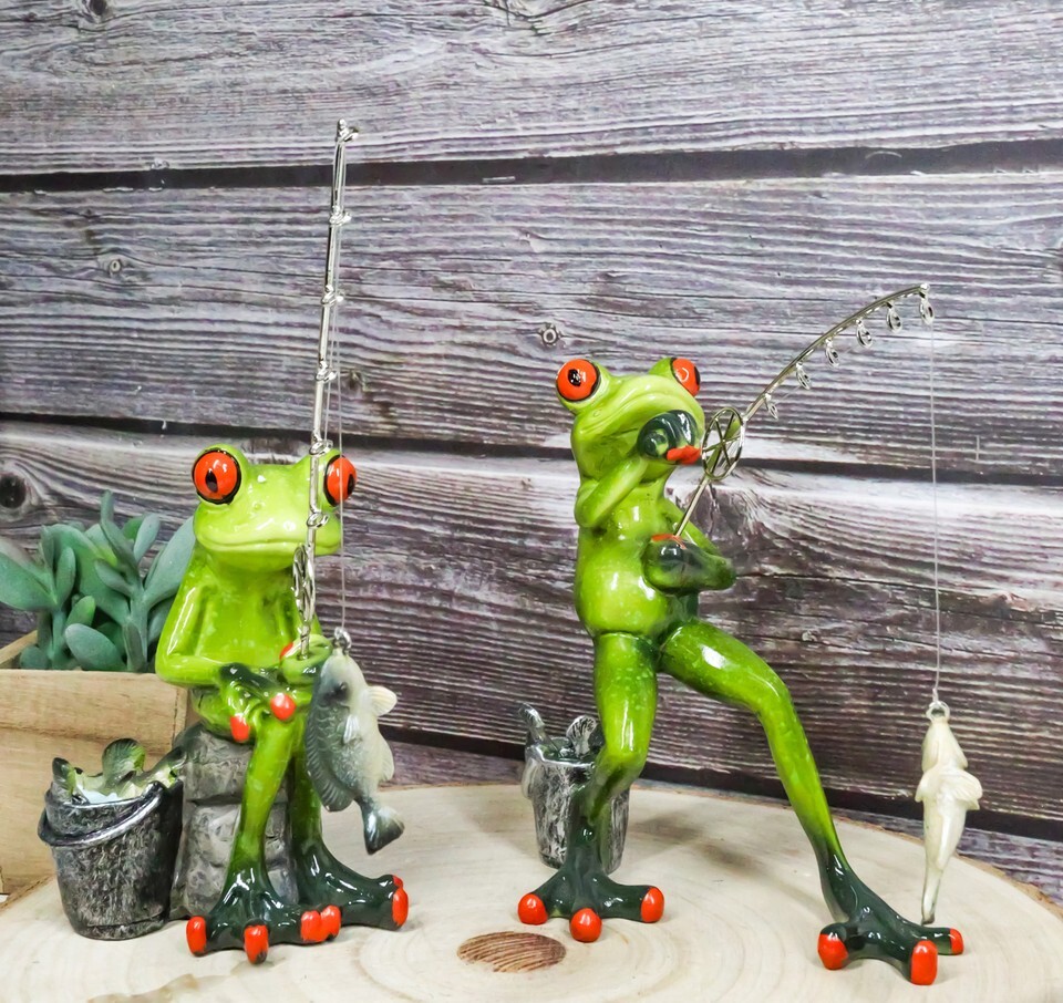 Pack of 2 Favorite Pastime Green Frogs Besties Rod Fishing by The Pond F... - $36.99