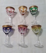 6 Pcs Gem Color Moser Crystal Lady Hamilton Liquer Glasses Set Etched Gold - £1,181.49 GBP