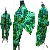 Maxi Caftan Hawaii with Green embroidery, Tropical Floral SATIN summer k... - £135.50 GBP