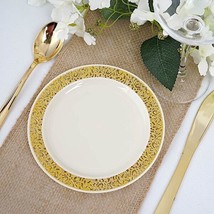 10 Pcs Plastic Ivory With Gold Rim 6&quot;&quot; Plates Disposable Party Wedding Sale - £6.44 GBP