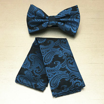 New Men Teal Blue BUTTERFLY Bow tie And Pocket Square Handkerchief Set W... - $10.85