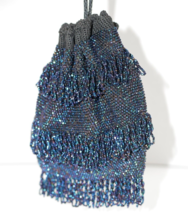 Antique Beaded Blue Black Iridescent Drawstring Bag Vintage - £51.12 GBP