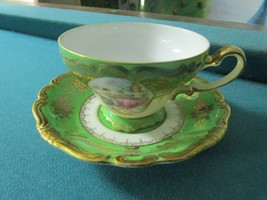 Japan Lusterware Green Fragonard Floral Tea Cup Saucer [86] - £34.84 GBP