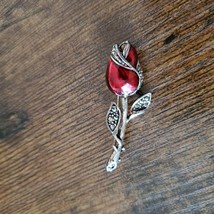 Rose Brooch, Silver Tone with Red Enamel and Rhinestones, Vintage Jewelry image 3